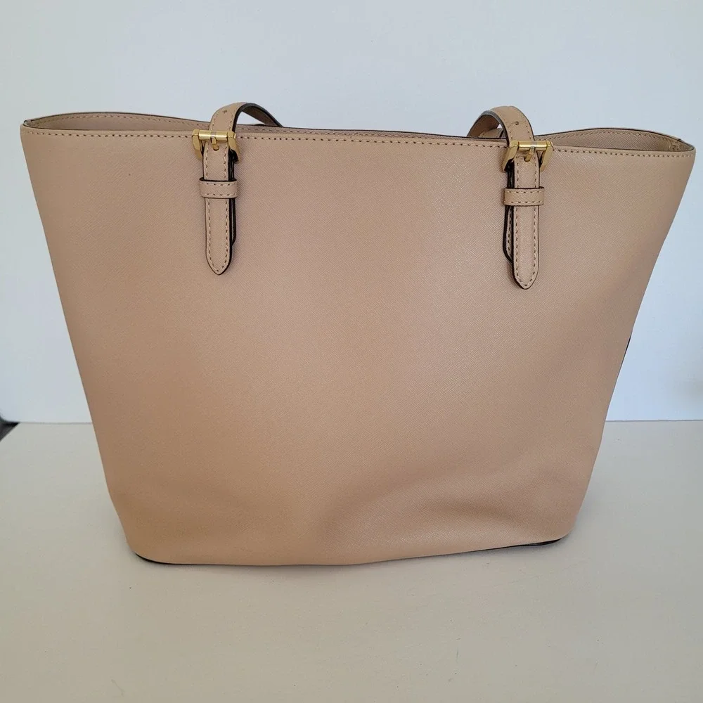 Michael Kors Jet Set Travel Saffiano Leather Tote Bag Beige Tan Gold Hardware